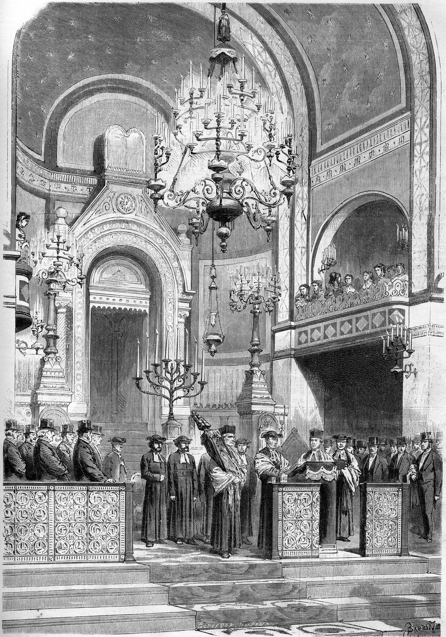 اليهودية: استقبال رسمي لحاخام باريس الأكبر زادوك كان (1839-1905) في كنيس شارع نوتردام الناصرة ، 13 يناير 1869. يردد الحاخام الأكبر "صلاة الإمبراطور". نقش في "Le Monde Illustre" رقم 615 من 23 ja بواسطة المدرسة الفرنسية