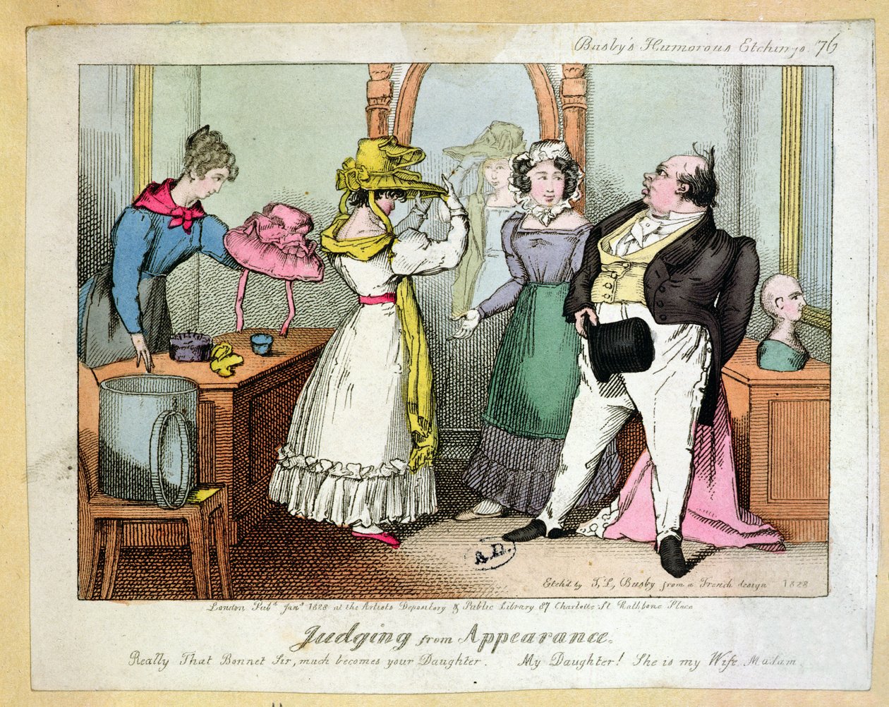 استنادًا إلى المظهر ، العدد 76 من Busbys Humourous Etchings ، نقشها توماس Busby (fl.1804-21) 1828 بواسطة المدرسة الفرنسية