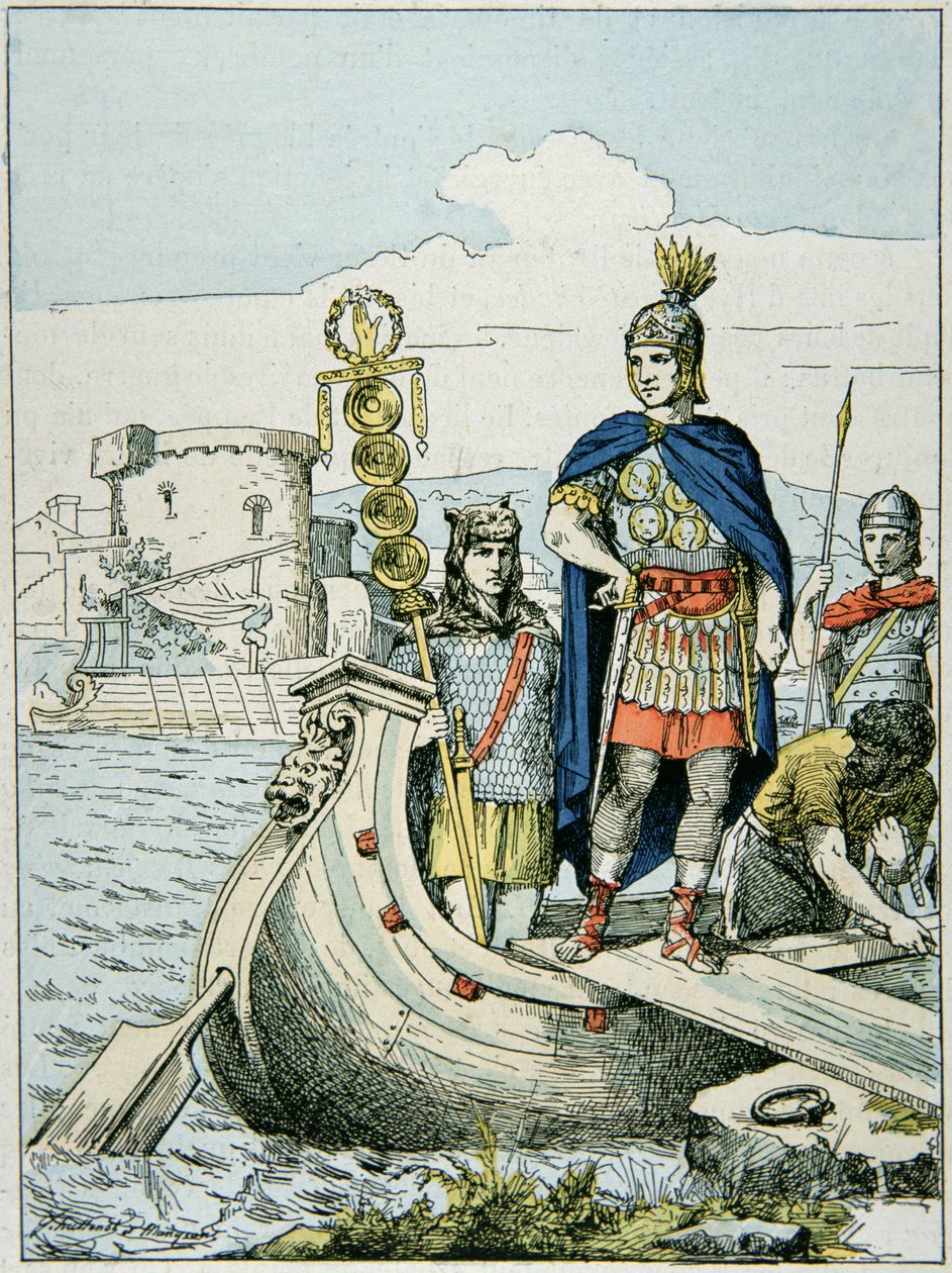 Julius Caesar sets out to punish pirates who held him for ransom (colour litho) بواسطة المدرسة الفرنسية