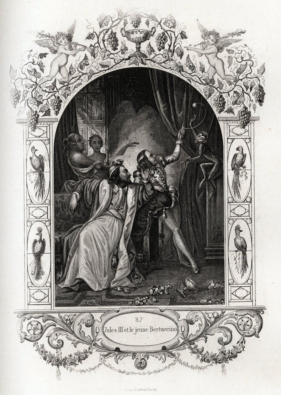 Julius III (julius or Iulius or Giulio) (pope from 1550 to 1555) and the young Bertuccino, the monkey show. Engraving to illustrate Histoire des popes by Maurice Lachatre (1814-1900), librairie du progres, Paris. بواسطة المدرسة الفرنسية