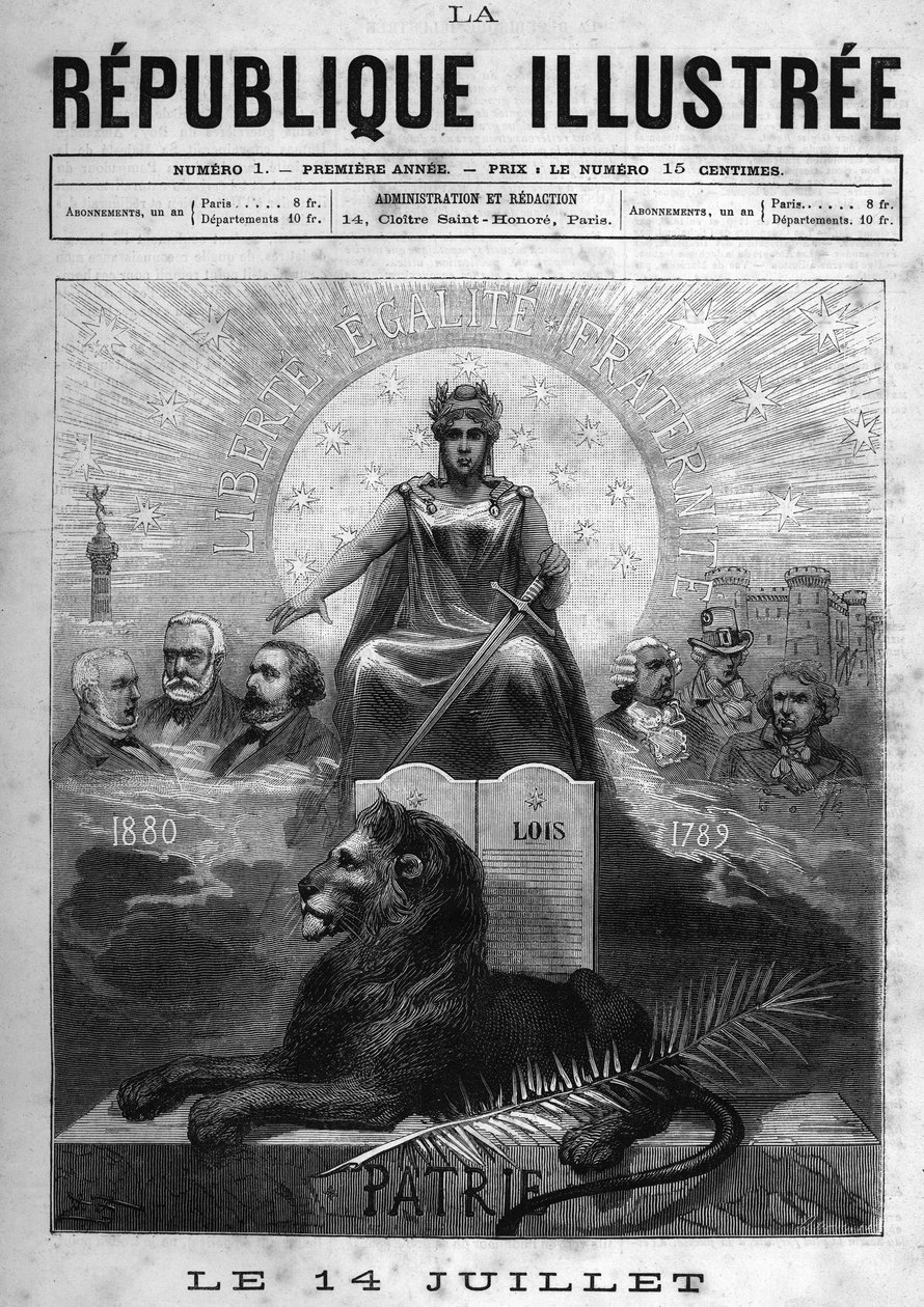 14 يوليو: Allegorie de la Republique Francaise. امرأة متوجة بالغار وتحمل سيفا. عند قدميه أسد ونخلة وطاولة قوانين. وفوقها شعار الجمهورية "الحرية والمساواة والأخوة". على خلاف ، فكري وسياسي بواسطة المدرسة الفرنسية