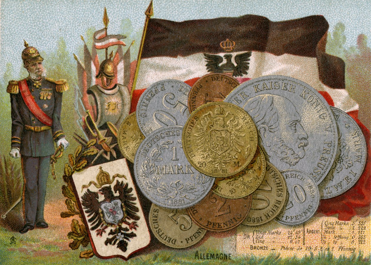 القيصر فيلهلم الأول واقفا بجانب علم مملكة بروسيا وعرض للألمانية الألمانية ، c.1890 بواسطة المدرسة الفرنسية