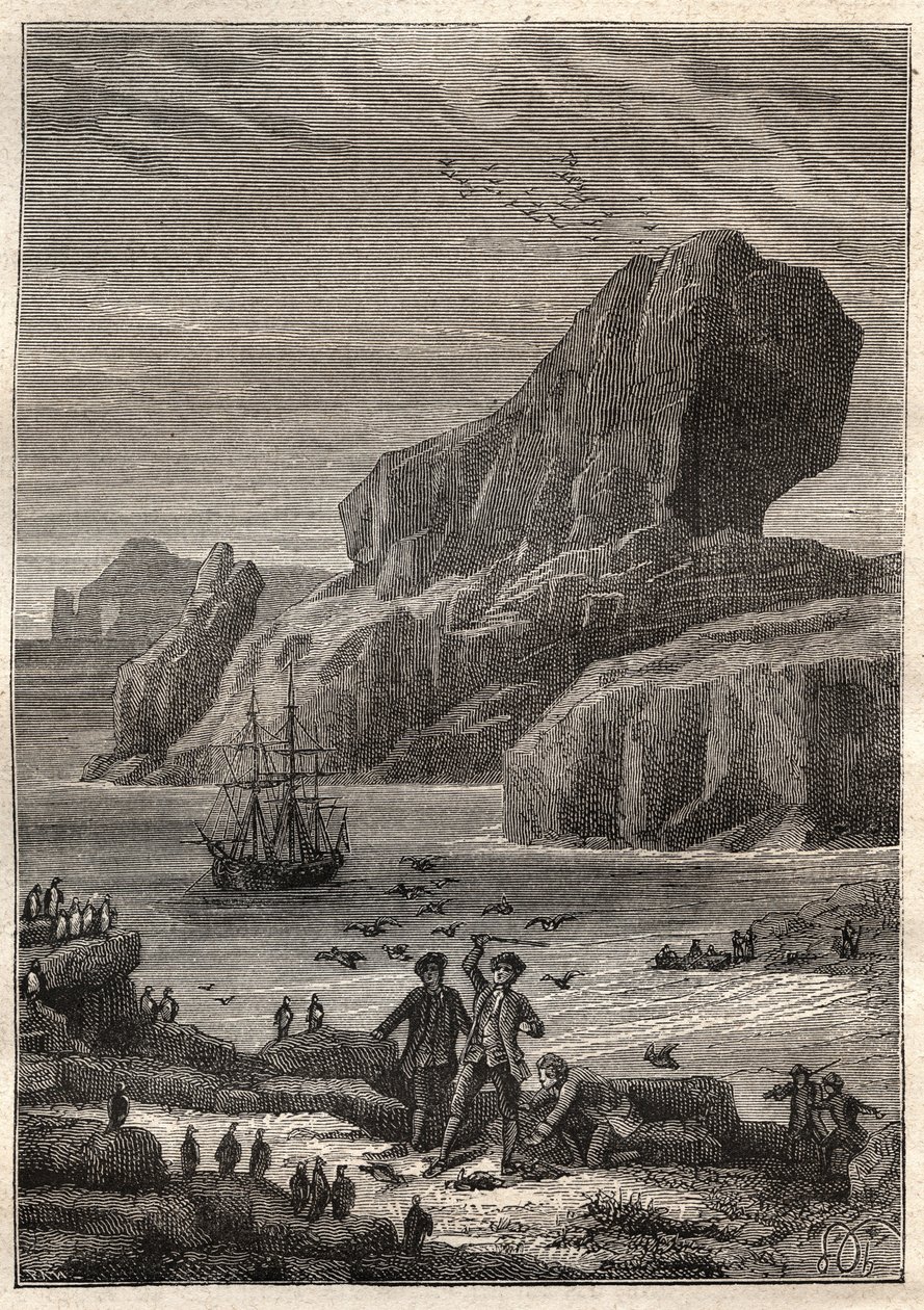 جزر كيرغولين. رسم توضيحي للملاحين العظماء في القرن الثامن عشر بواسطة Jules Verne - James Cook aux Iles de Kerguelen en 1776 (أرخبيل Kerguelen أو Iles de la Desolation) - في "رحلوا من القرنين الثامن عشر والتاسع عشر - رسم توضيحي بواسطة المدرسة الفرنسية