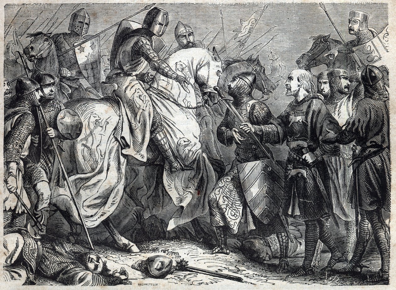 الملك ألفونسو الخامس العظيم (1396-1458) ، ملك أراغون ، يغزو مملكة نابولي. نقش في "" تاريخ الباباوات (...) جرائم الملكة الملك والأباطرة عبر القرون "بقلم موريس لاشاتر بواسطة المدرسة الفرنسية