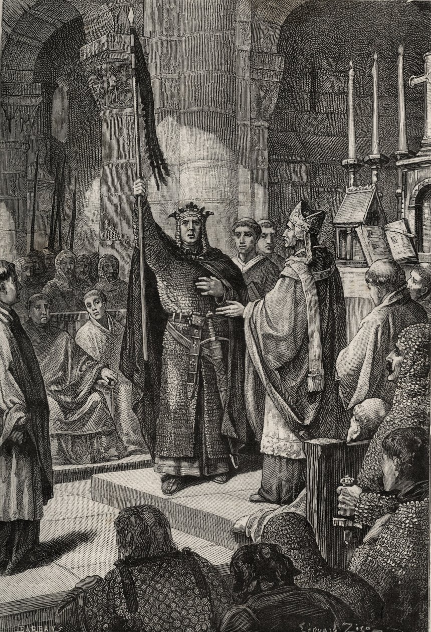 أخذ الملك لويس السابع (1120-1180) الأوريفليم في بازيليك القديس دينيس (سانت دينيس) في حضور الملكة ألينور من آكيتاين واستلم النحلة الطنانة و pannetiere من بيليرين من يدي البابا يوجين الثالث (؟ -1153) قبل مغادرته بواسطة المدرسة الفرنسية