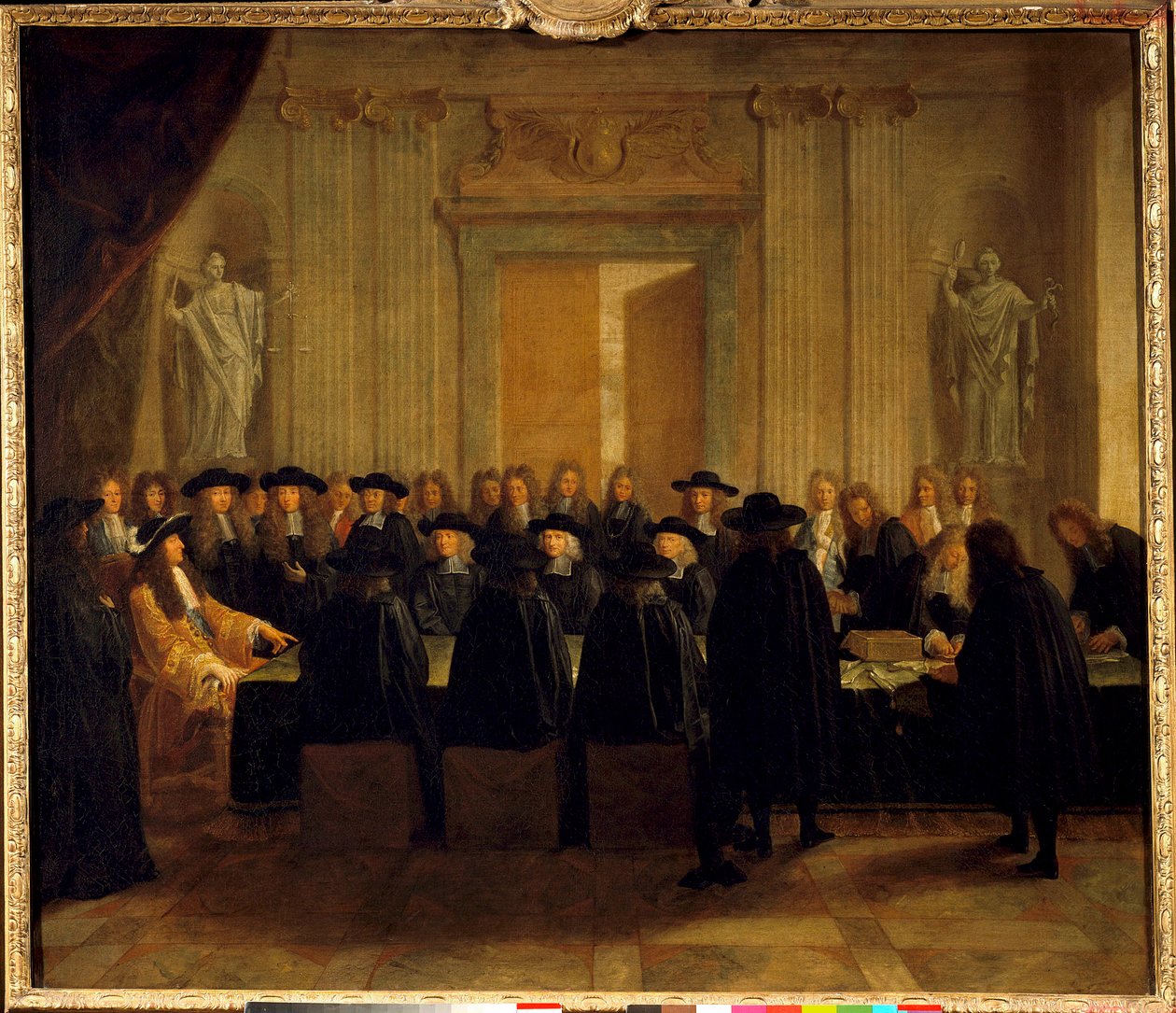 الملك لويس الرابع عشر (1638-1715) يحمل الأختام بحضور أعضاء مجلس الدولة ورئيس الطلبات بينما كان هو نفسه يشغل منصب مستشار فرنسا بين فبراير وأبريل 1672 لوحة مجهولة. القرن السابع عشر الشمس. 1،10 × 1،28 م بواسطة المدرسة الفرنسية