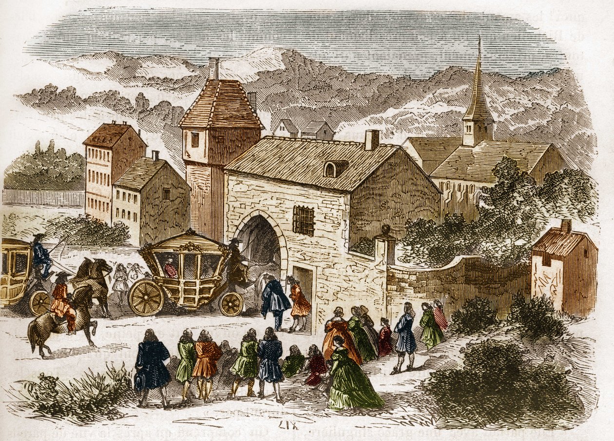 الملك لويس الرابع عشر (1638-1715) يزور ميلي دي فونتانج (1661-1681) في بورت رويال حوالي عام 1680. نقش في "تاريخ الدعارة والفساد بين جميع شعوب العالم من العصور القديمة وحتى يومنا هذا" للدكتور ث. . -F. ديبريه. 1879. بواسطة المدرسة الفرنسية