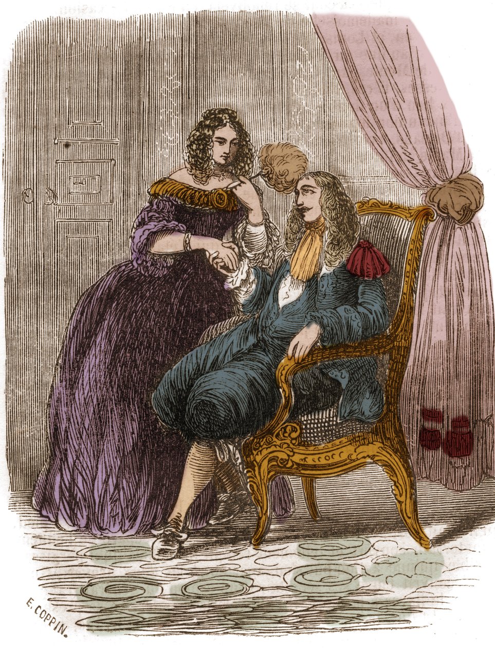 ملك فرنسا لويس الرابع عشر (1638-1715) مع فرانسواز أثينيس (فرانسواز أثينا) بقلم روششوارت مورتيمارت ، ماركيز مونتيسبان (أو مدام دي مونتيسبان) (1640-1707). نقش القرن التاسع عشر. بواسطة المدرسة الفرنسية
