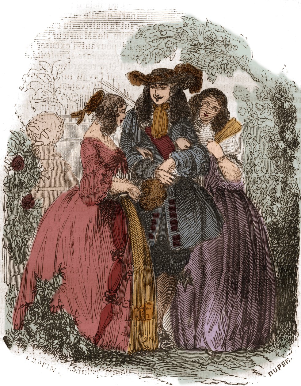 ملك فرنسا لويس الرابع عشر (1638-1715) مع هورتنس مانشيني (1646-1699) وشقيقته ماري مانشيني (1639-1715). بنات اخوات مازارين. نقش القرن التاسع عشر. بواسطة المدرسة الفرنسية