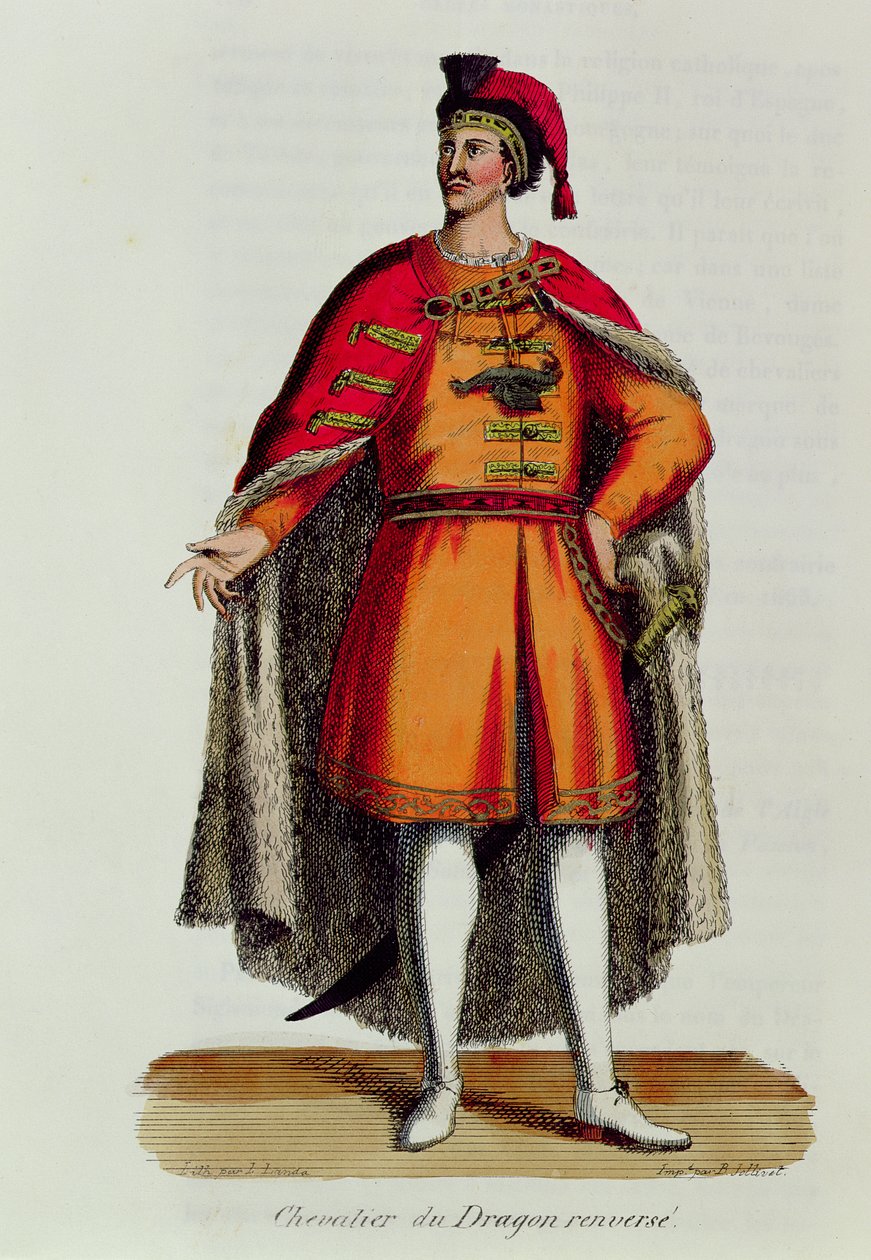 فارس النظام المجري للتنين انقلب ، التوضيح من Histoire et Costumes des Ordres Monastiques بقلم بيير هيليوت (1660-1716) ، 1842 بواسطة المدرسة الفرنسية