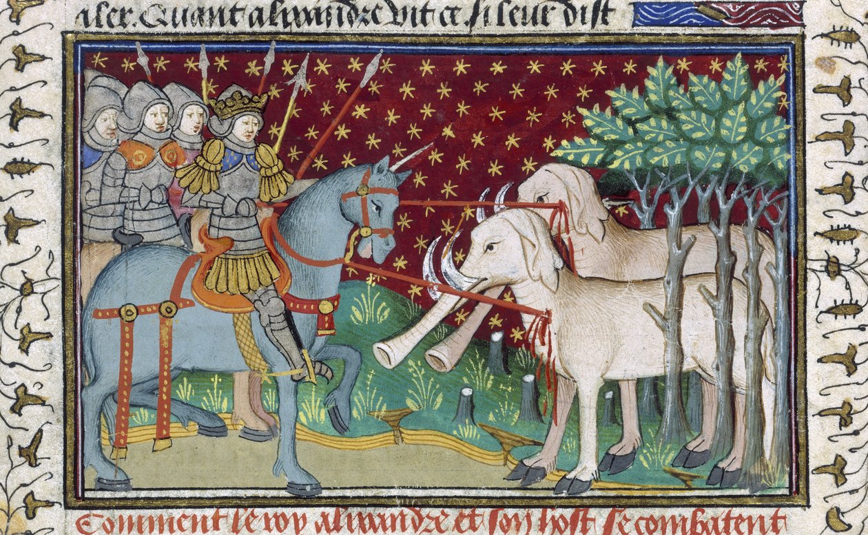 الفرسان يهاجمون الأفيال ، من 'Shrewsbury Talbot Book of Romances' ، حوالي 1445 (ورق) بواسطة المدرسة الفرنسية