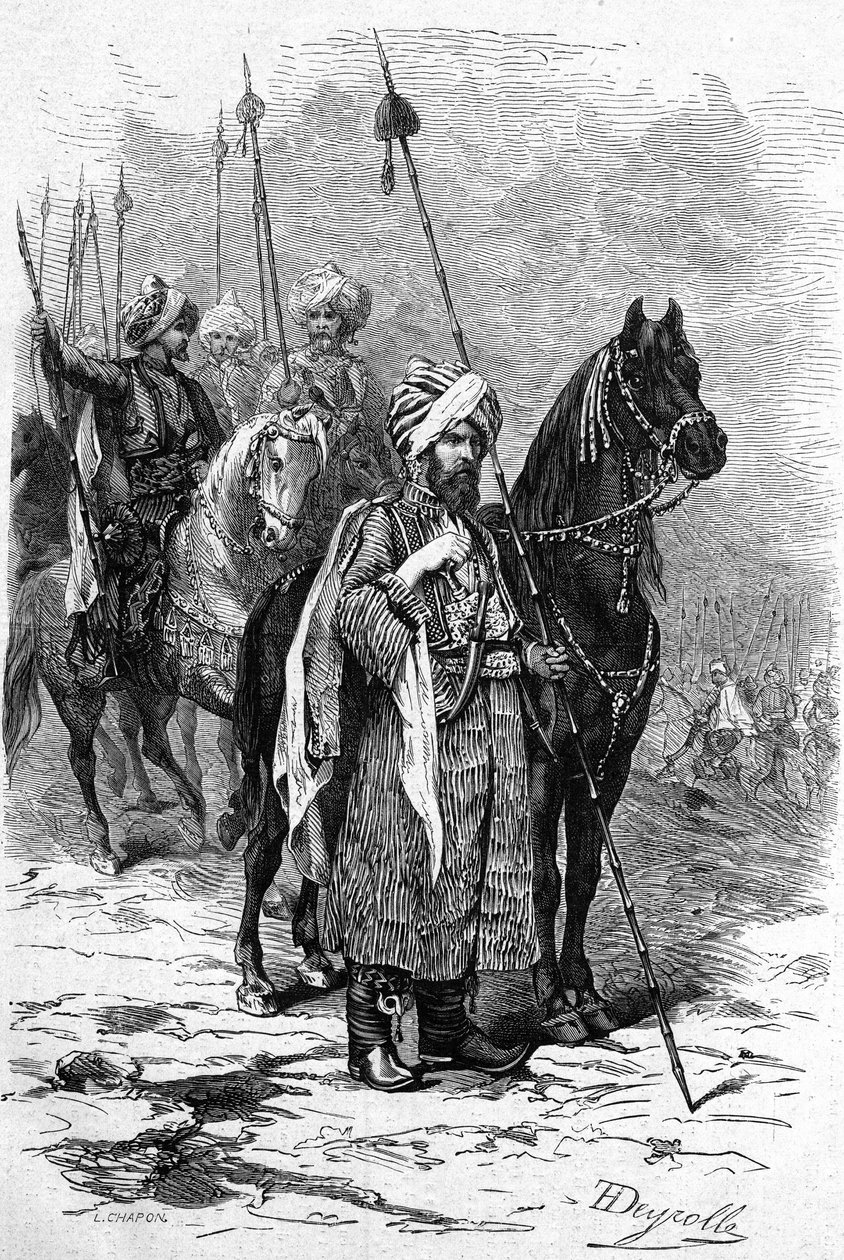 أطلق الجنود الأكراد عام 1877 أثناء الحرب الشرقية (1875-1878) أيضًا اسم الحرب الروسية التركية (الروسية التركية). نقش في "" Le Monde Illustré "" رقم 1055 بتاريخ 30 يونيو بواسطة المدرسة الفرنسية