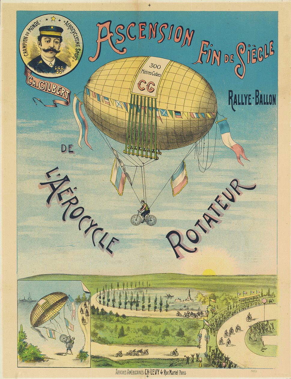 "L" Aerocycle Rotateur "، ملصق إعلاني لدراجة منطاد الهواء الساخن ، حوالي عام 1890 بواسطة المدرسة الفرنسية
