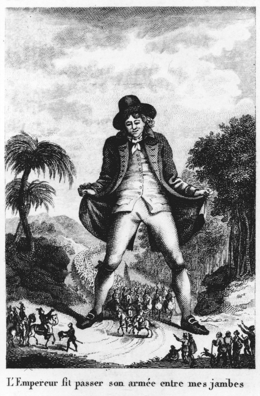 مر الإمبراطور جيشه بين ساقي ، مأخوذ من ترجمة فرنسية ل Gullivers Travels بواسطة المدرسة الفرنسية