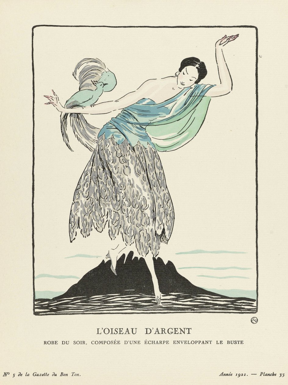 الطائر الفضي. فستان سهرة يتكون من وشاح يلف الصدر من لا جازيت دو بون تون ، حانة. 1914 (طباعة استنسل) بواسطة المدرسة الفرنسية
