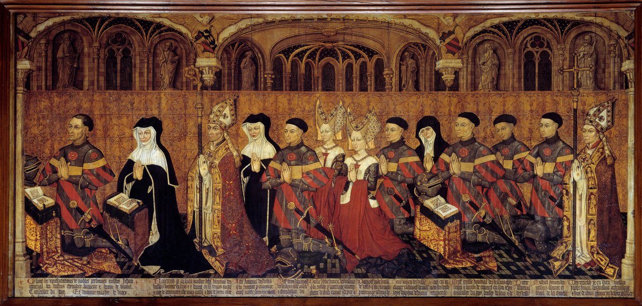 La Famille Jouvenel des Ursins يمثل القاضي ، الذي يمنع جان جوفينيل دي أورسين أو جان جوفينال دي أورسين (1360-1431) ، مع أفراد أسرته في الصلاة. الرسم على خشب المدرسة الفرنسية. 1443-1449. الشمس 1،3x3،5 م باريس ، المتحف الوطني ت بواسطة المدرسة الفرنسية