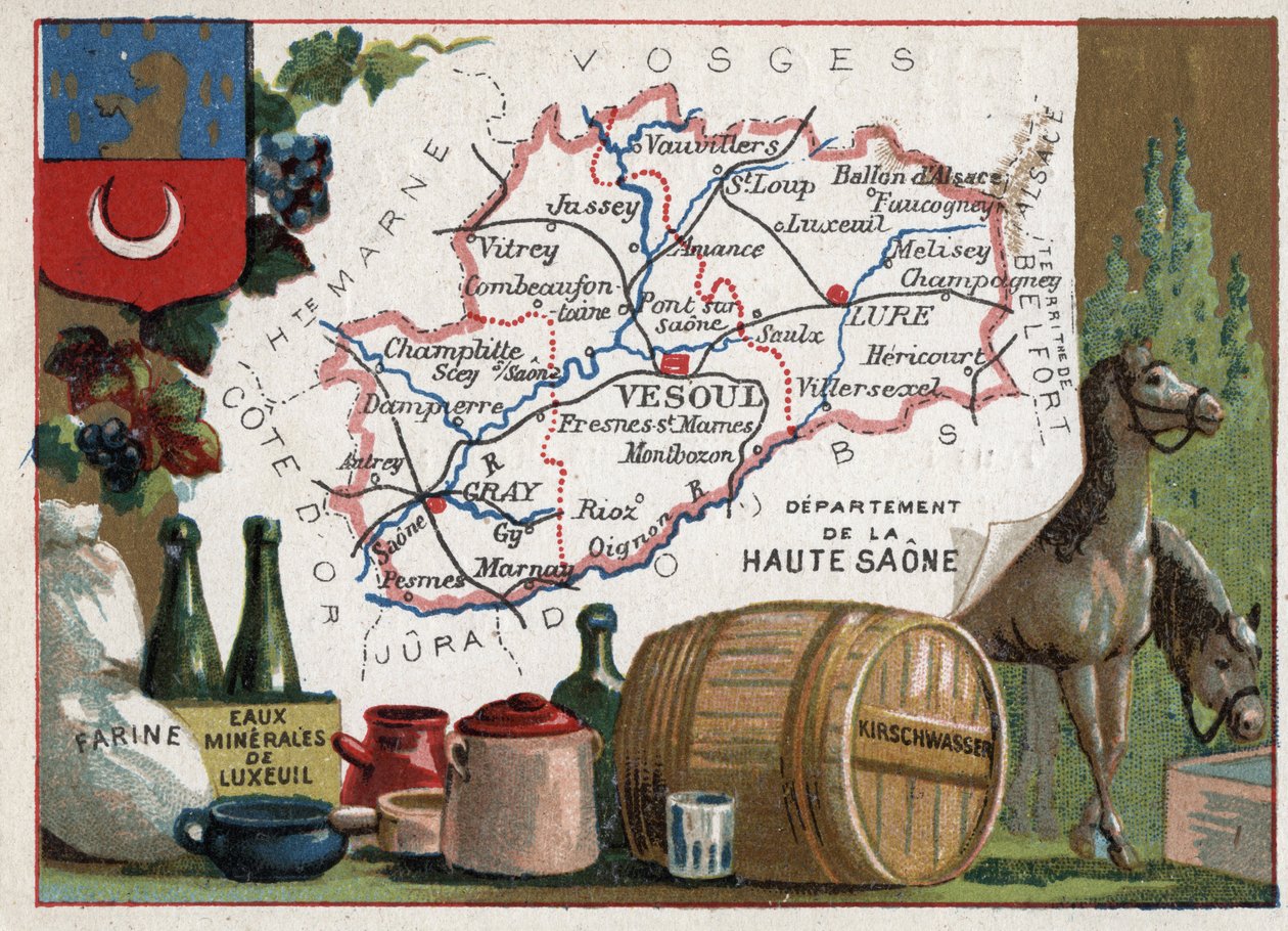 La Haute-Saone (Haute Saone ، 70) ، Franche Comte (Franche-Comte) ، فرنسا. دقيق ، Luxeuil Minerales ، kirschwasser (كيرش). سلسلة عن الأقسام الفرنسية. الطباعة الحجرية الملونة (Chromo) "" الخيط الجغرافي "" ، حوالي عام 1920. مجموعة خاصة. بواسطة المدرسة الفرنسية