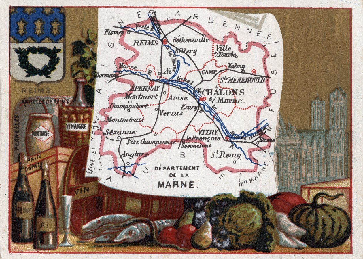 La Marne (51) في Champagne Ardenne (Champagne-Ardenne) ، فرنسا. التخصصات المحلية: الشمبانيا وكاتدرائية ريمس. سلسلة عن الأقسام الفرنسية. الطباعة الحجرية الملونة (Chromo) "" الخيط الجغرافي "" ، حوالي عام 1920. مجموعة خاصة. بواسطة المدرسة الفرنسية