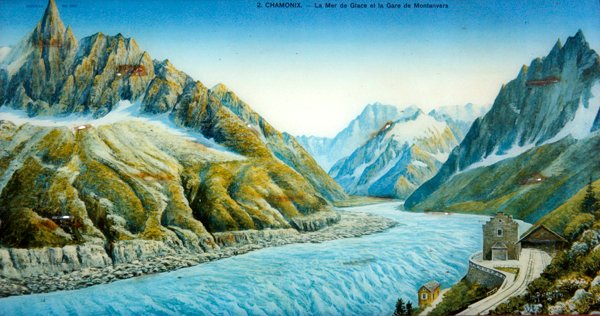 The Mer du Glace، Aiguille du Dru and Montanvers Station، c1900 (صورة ملونة) بواسطة المدرسة الفرنسية
