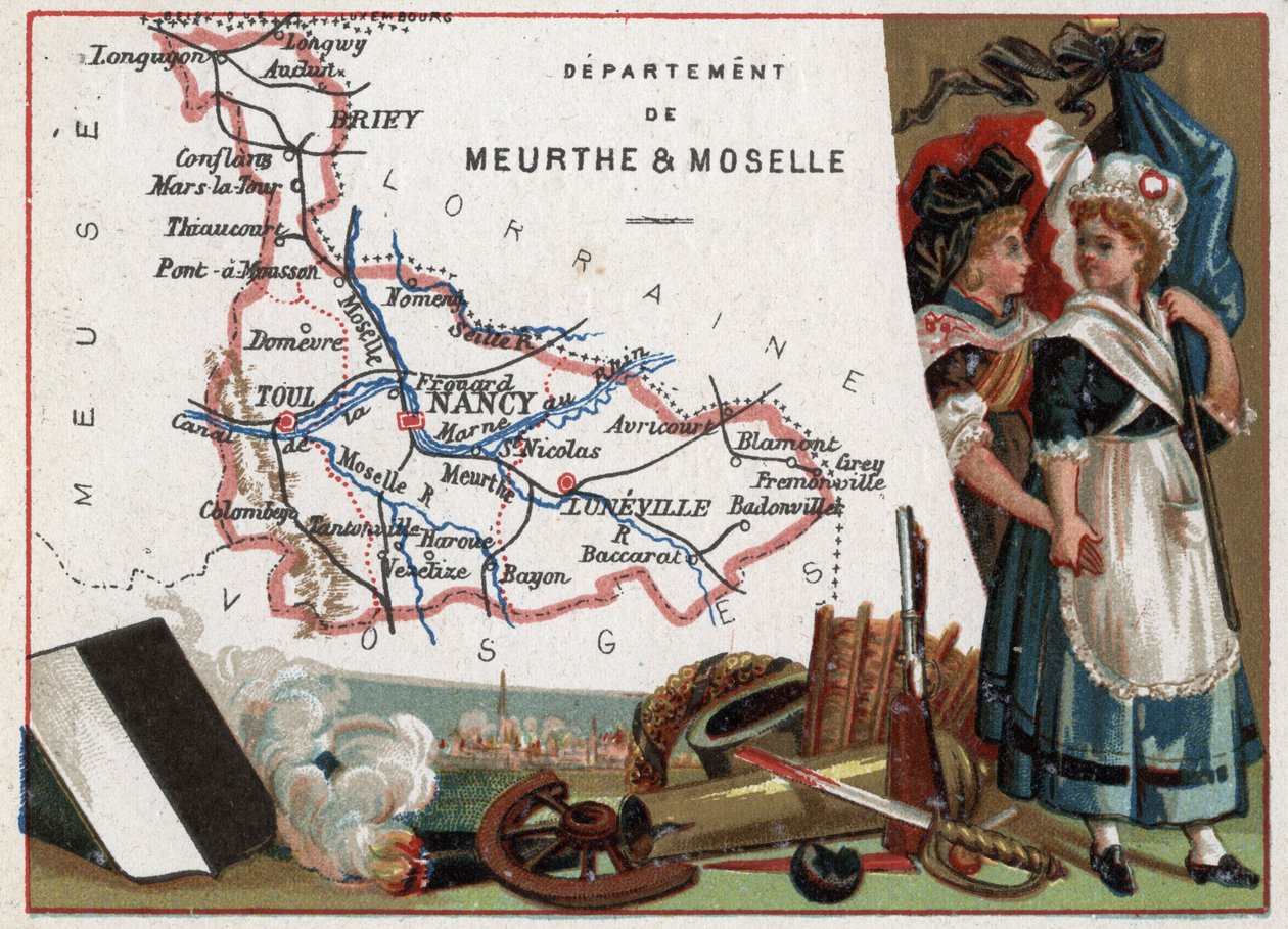 La Meurthe et Moselle (Meurthe-Et-Moselle، 54)، Lorraine، France. صورة لامرأتين ثوريتين. سلسلة عن الأقسام الفرنسية. الطباعة الحجرية الملونة (Chromo) "" الخيط الجغرافي "" ، حوالي عام 1920. مجموعة خاصة. بواسطة المدرسة الفرنسية