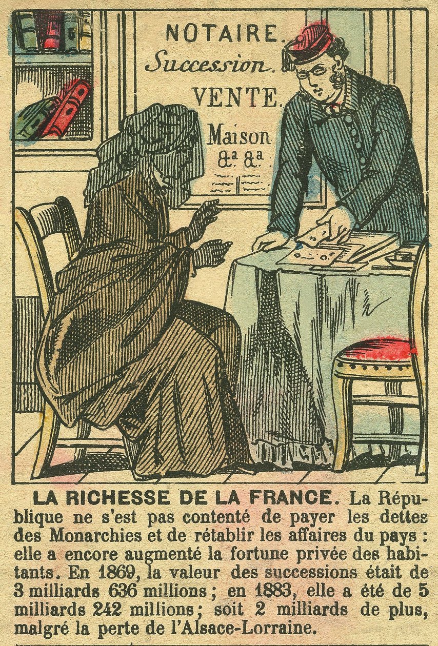 La Riche de la France، يوضح فوائد الجمهورية الثالثة على الإثراء الشخصي للفرنسيين. نقش، في "لوفيغارو، ملحق"، بتاريخ 30/03/1889، باريس. بواسطة المدرسة الفرنسية