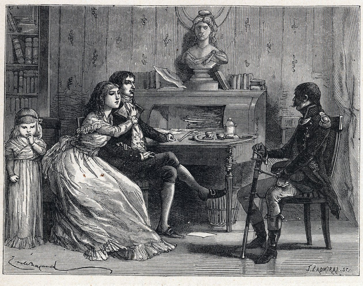 La Terreur أثناء الثورة الفرنسية: تلقى كاميل ديسمولين (1760-1794) ، المسجون ، زيارة زوجته لوسيل (1770-1794) والماريشال غيوم برون (1763-1815) بواسطة المدرسة الفرنسية