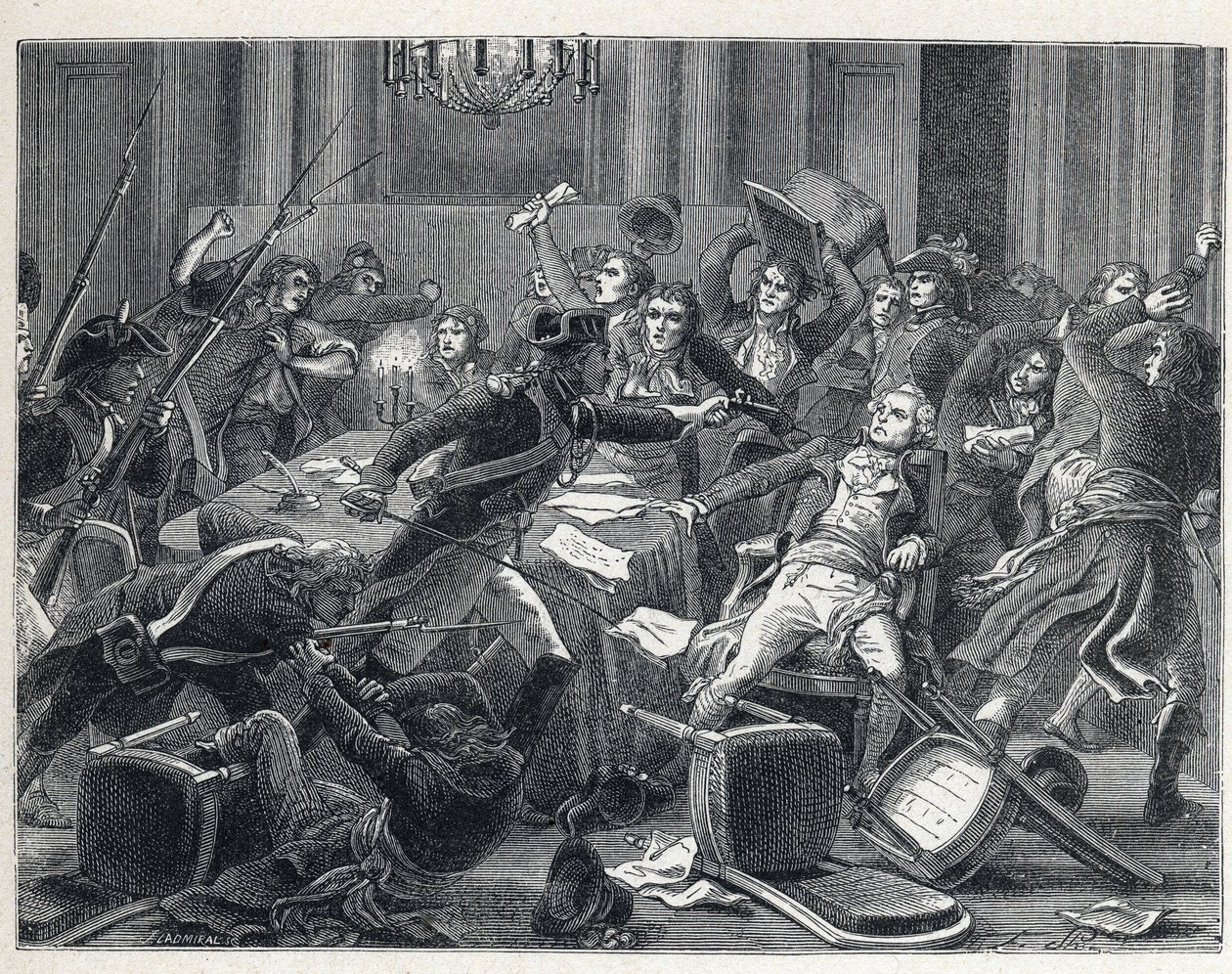 La Terreur أثناء الثورة الفرنسية: اعتقال Maximilian de Robespierre (1758-1794) وأنصاره اجتمعوا في فندق de Ville de Paris في 9 Thermidor العام الثاني (27 يوليو 1794). في الوسط ، أطلق أحد رجال الدرك مسدسًا على روبسبير (1758-1794). بواسطة المدرسة الفرنسية