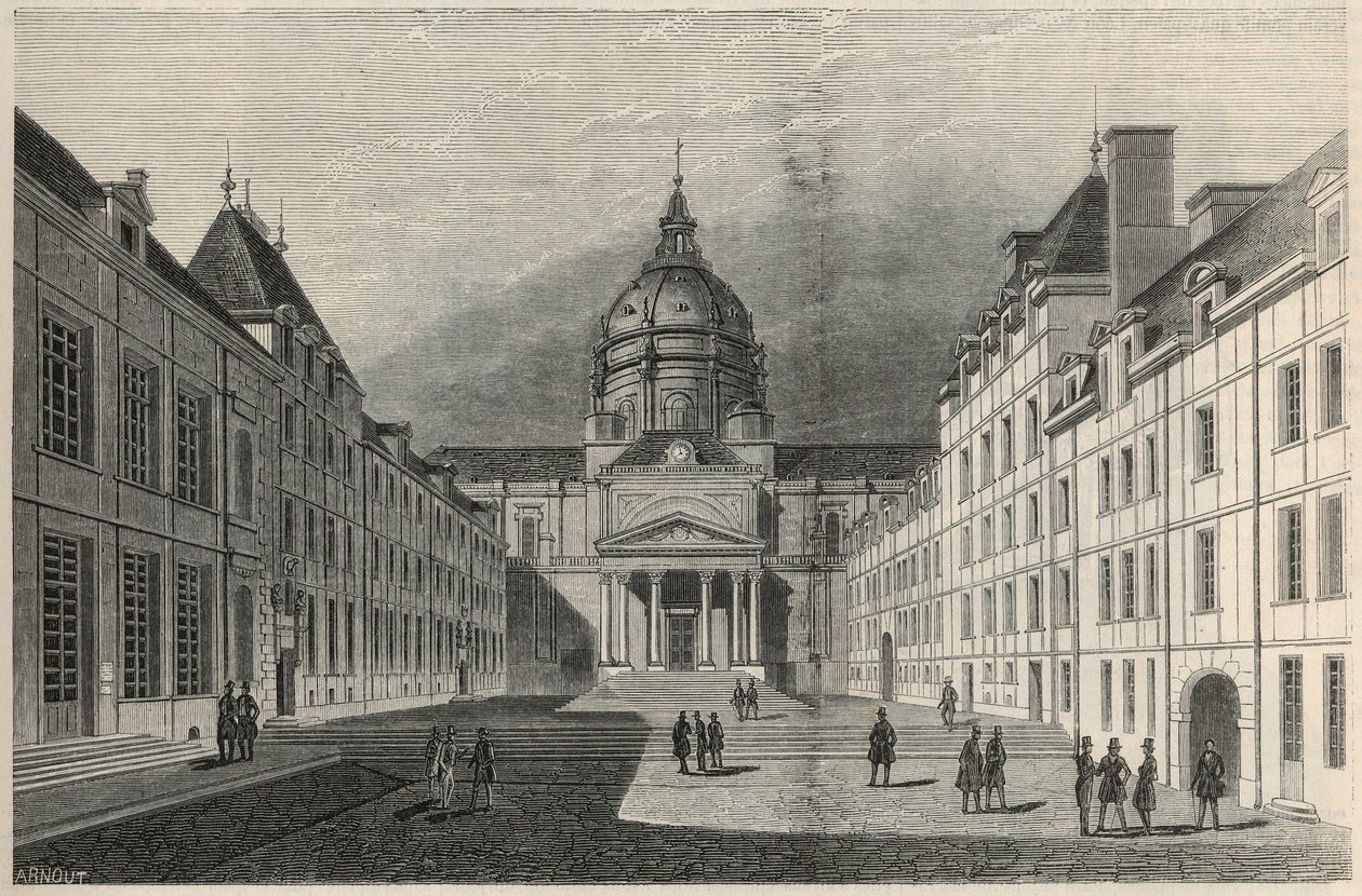 La Cour de la Sorbonne في باريس في القرن التاسع عشر - نقش في "Tableau-de-Paris" بواسطة Edmond Texier 1852 بواسطة المدرسة الفرنسية