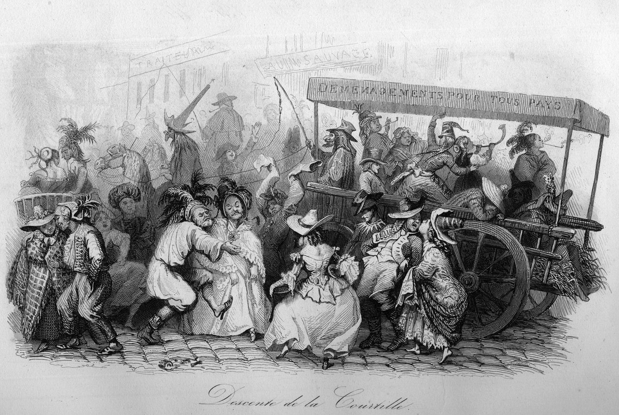 أغنية La descent de la courtille ("Le carnival" "التي كتبها Marc-Antoine Madeleine Desaugiers) في" "- الأغاني الشعبية والأغاني الفرنسية - 1843 - H.- L. DELLOYE ، الناشر ، LIBRARY DE GARNIER. بواسطة المدرسة الفرنسية