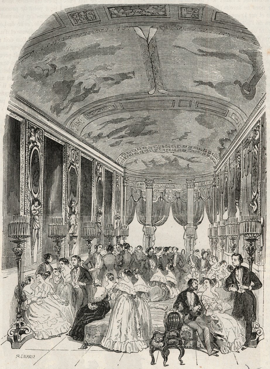 La galerie dit de Lebrun ، تعمل كغرفة محادثة أثناء الكرة - فندق لامبرت سور ليل سانت لويس ، 2 شارع سانت لويس إن ليل ، الدائرة الرابعة في باريس - نقش في "تابلو دو باريس" لإدموند تيكسييه 1852 بواسطة المدرسة الفرنسية