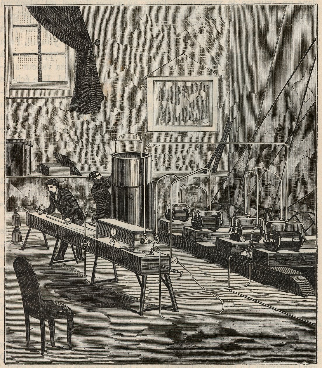 La Liquefaction des gaz dans le labatoire de Raoul Pictet (1878) - راؤول بيير بيكتي (1846-1929) عالم فيزيائي سويسري ، أجرى تجربة لتسييل غاز الهيدروجين وترسيخه ، ودرس خصائص المواد في درجات حرارة منخفضة - نقش في "Scie" بواسطة المدرسة الفرنسية