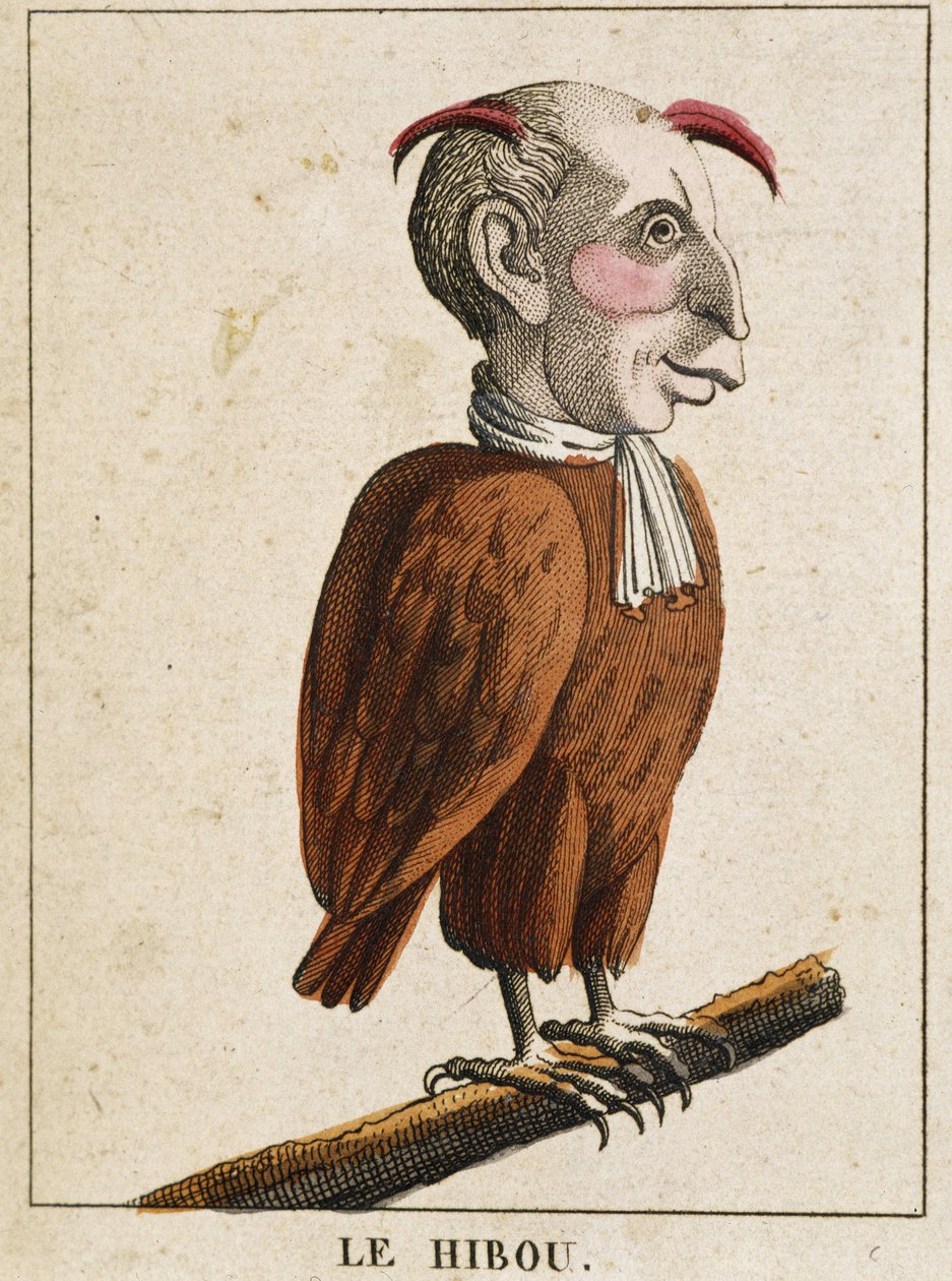 La owl in Caricature, study of character “” volatile caracterise”” sd. 19th, popular imagery. بواسطة المدرسة الفرنسية