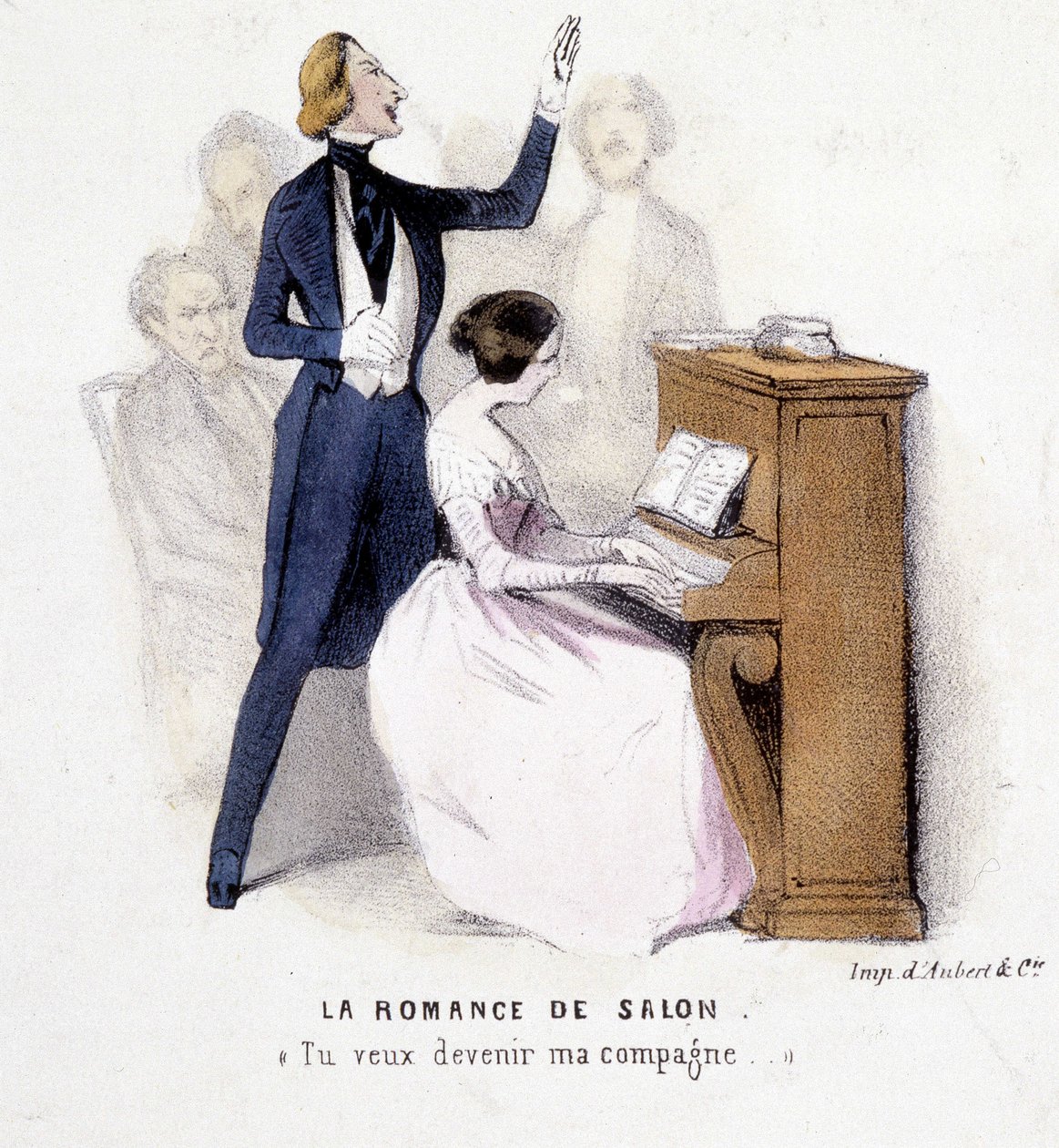 الرومانسية في الصالون: رجل يغني بمرافقة امرأة على البيانو ، بواسطة لونساي ، ج. 1845. بواسطة المدرسة الفرنسية