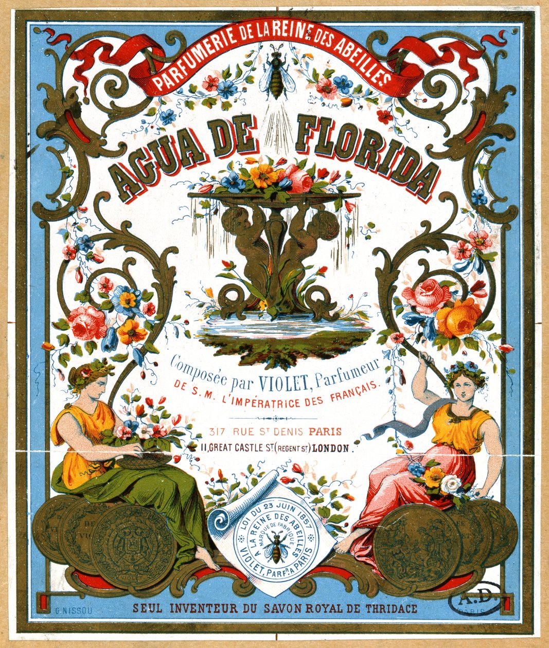 ملصق إعلان عن عطر Aqua de Florida من متجر العطور La Reine des Abeilles ، باريس ، النصف الثاني من القرن التاسع عشر بواسطة المدرسة الفرنسية