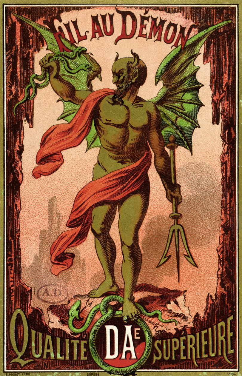 ملصق للعلامة التجارية Fil au Demon لخيط الخياطة ، c.1880-90 بواسطة المدرسة الفرنسية
