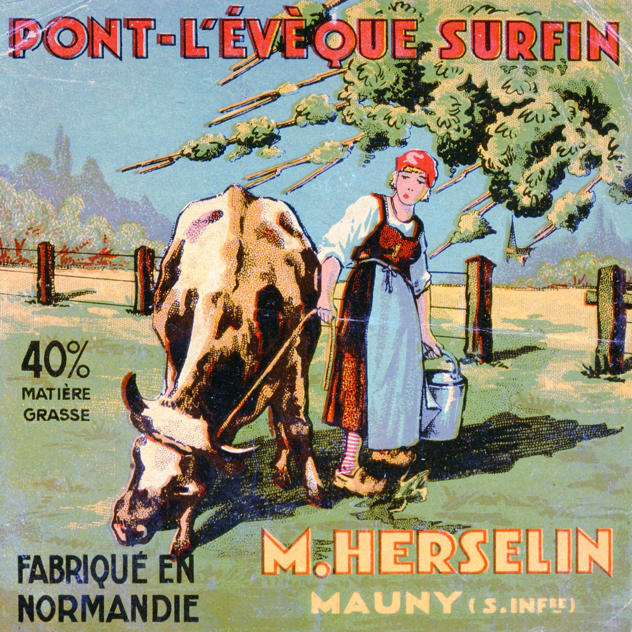 ملصق لجبن Pont-LEveque من صنع صانع الجبن M. Herselin ، أوائل القرن العشرين بواسطة المدرسة الفرنسية