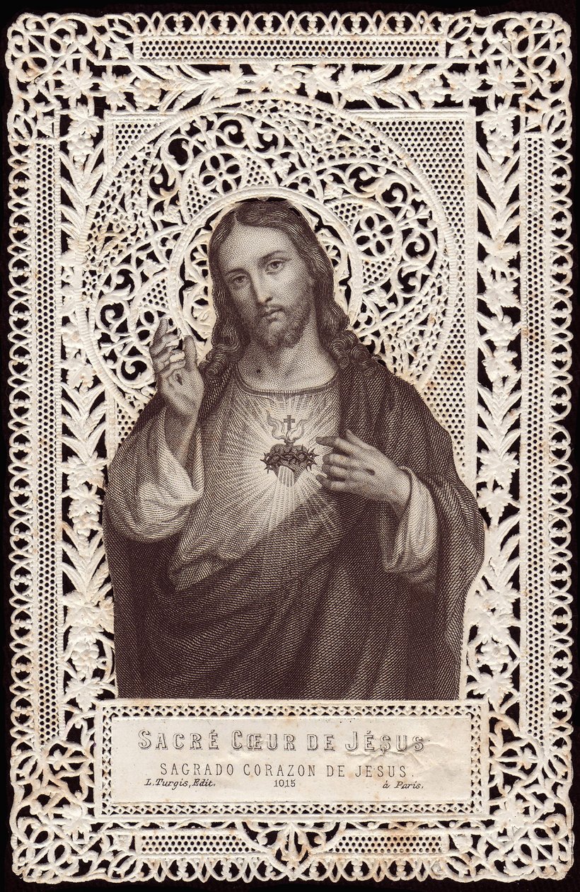 بطاقة من الدانتيل تصور القلب المقدس ليسوع ، القرن التاسع عشر (BW LITHO) بواسطة المدرسة الفرنسية