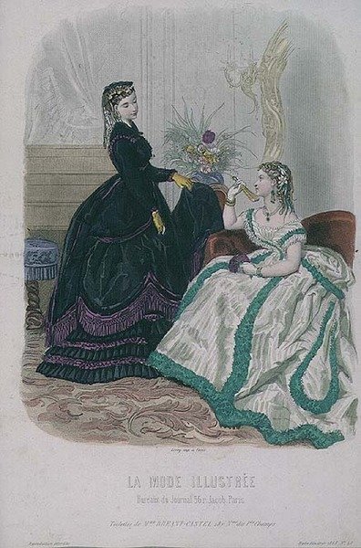 فساتين السيدات من Madame Breant-Castel من قسم "Fashion Illustrated" في "Journal De La Famille"، pub. بواسطة Leroy بواسطة المدرسة الفرنسية