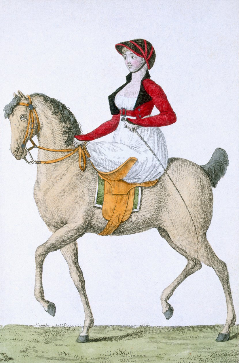 سرج ركوب سيدة جانبي ، من Costumes Parisien ، منشور في Journal des Dames et des Modes ، 1798 بواسطة المدرسة الفرنسية