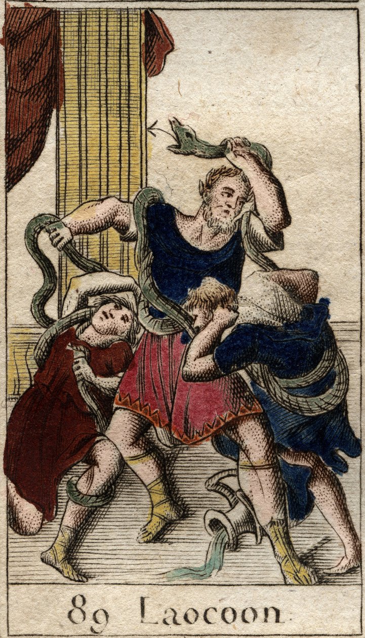 يرسل Laocoon Minerve الذي يدعم الإغريق ثعابين البحر لمهاجمة Laocoon التي تحذر سكان مدينة طروادة من الحصان. ألقى الثعابين بأنفسهم على ولديه وحركوهم ، ثم هاجموا لاكون. (أرسلت مينيرفا دعم الإغريق بواسطة المدرسة الفرنسية