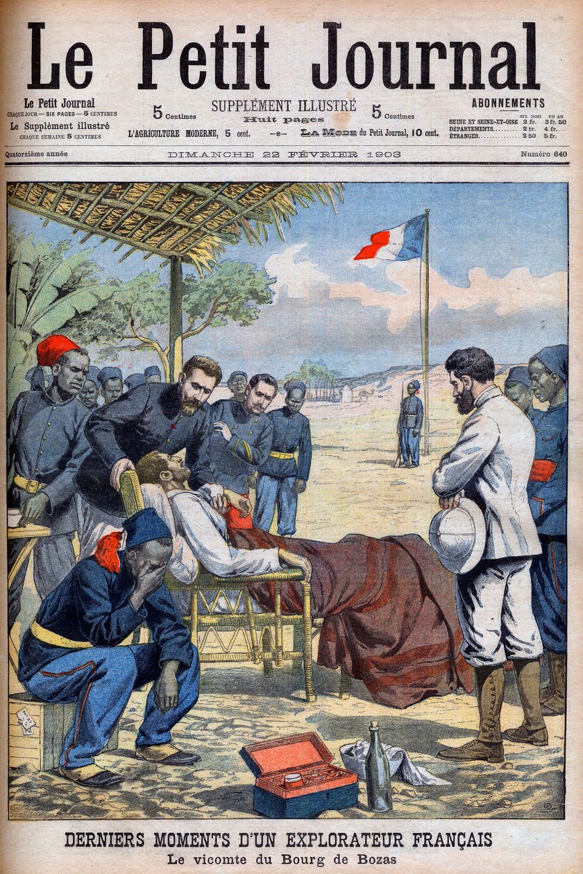 اللحظات الأخيرة للمستكشف الفرنسي Viscount Pierre Marie Robert Du Bourg de Bozas (1871-1903) في منطقة Bourg de Boza في إفريقيا الاستوائية "Le Petit Journal" في 22 فبراير بواسطة المدرسة الفرنسية