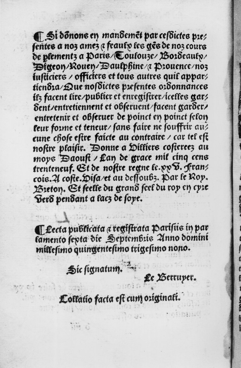 الصفحة الأخيرة لمرسوم Villers-Cotterets ، 1539 (ورق مطبوع) بواسطة المدرسة الفرنسية