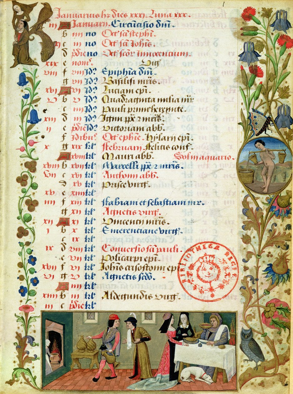 خط العرض 1173 و 1 يناير ؛ شخصيات تتناول الأكل والشرب ، بقلم Robinet Testard ، من ساعة Charles of Angouleme بواسطة المدرسة الفرنسية
