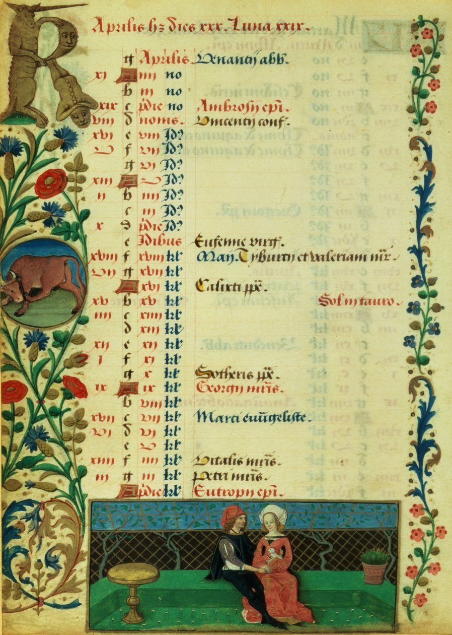 Lat 1173 f.2v أبريل ؛ عشيقان يجلسان في الهواء الطلق ، من قبل روبينت تستارد ، من ساعات شارل أنجوليم بواسطة المدرسة الفرنسية
