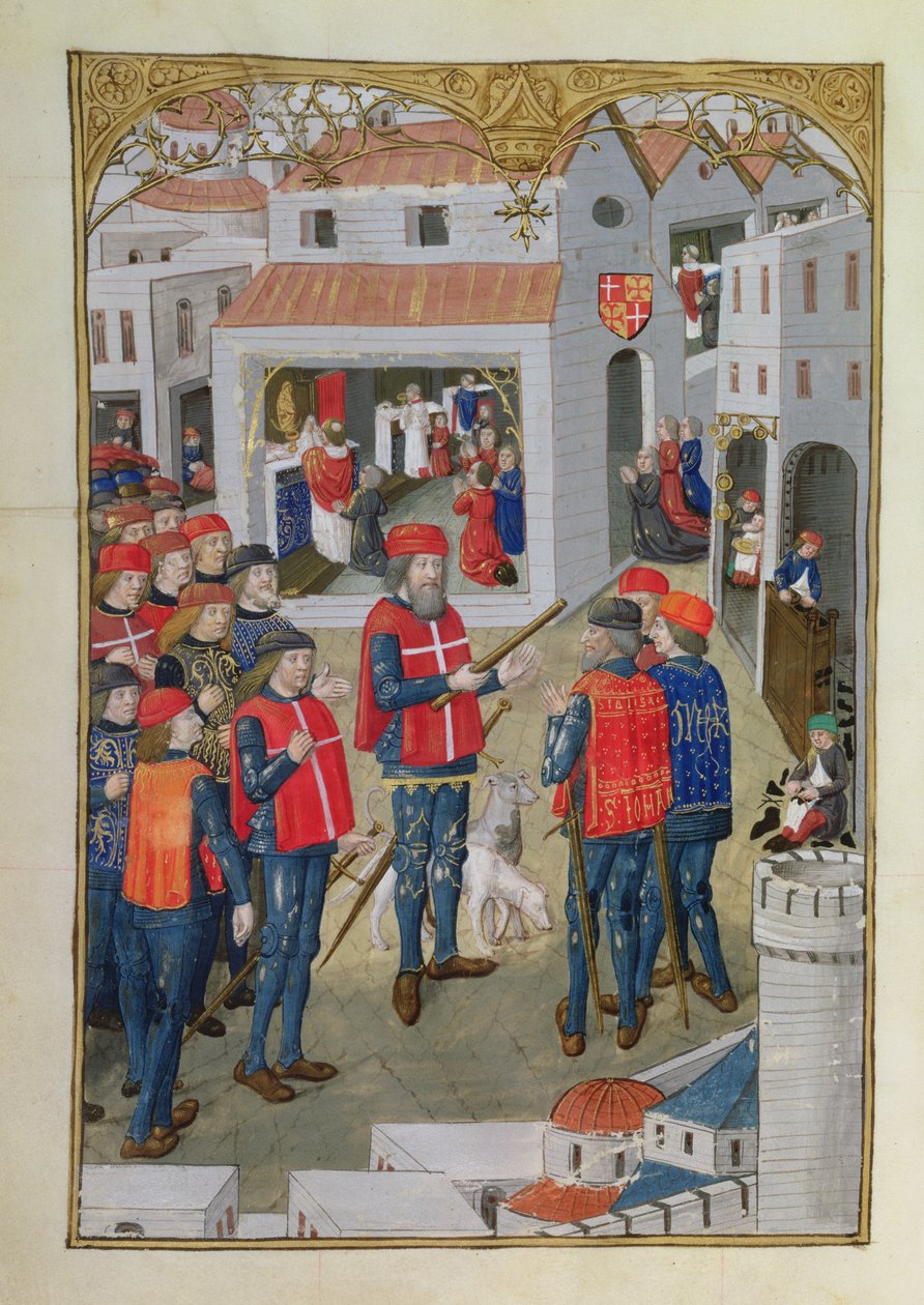 Lat 6067 fol.33v فرسان القديس يوحنا من القدس يستعدون للدفاع عن رودس ، من تاريخ حصار رودس ، بقلم غيوم كاورسين ، 1483 بواسطة المدرسة الفرنسية