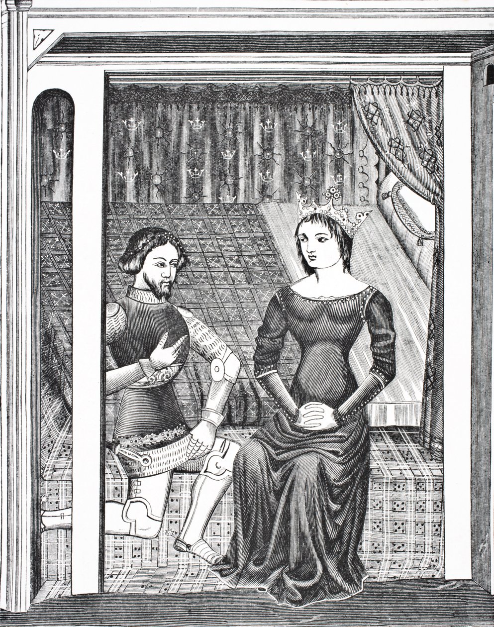 Launcelot و Guinevere ، بعد منمنمة من مخطوطة من القرن الرابع عشر ، من العلوم والأدب في العصور الوسطى بواسطة Paul Lacroix Pub. لندن 1878 بواسطة المدرسة الفرنسية
