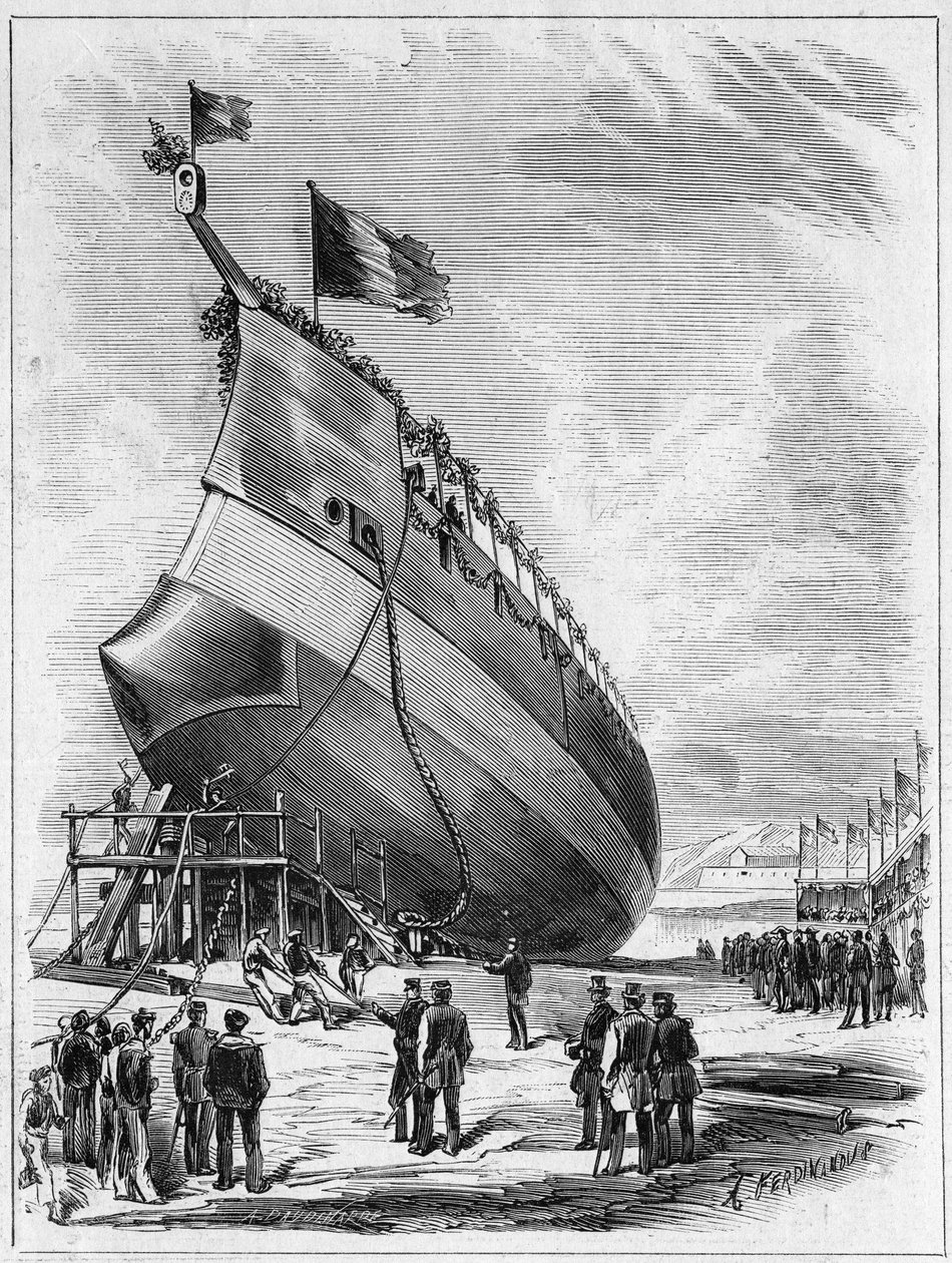 إطلاق السفينة المدرعة "La Galissonniere" ، 7 مايو 1872 في ميناء بريست ، فينيستير (29). نقش في "" Le Monde Illustré "" رقم 789 بتاريخ 25 مايو 1872. بواسطة المدرسة الفرنسية