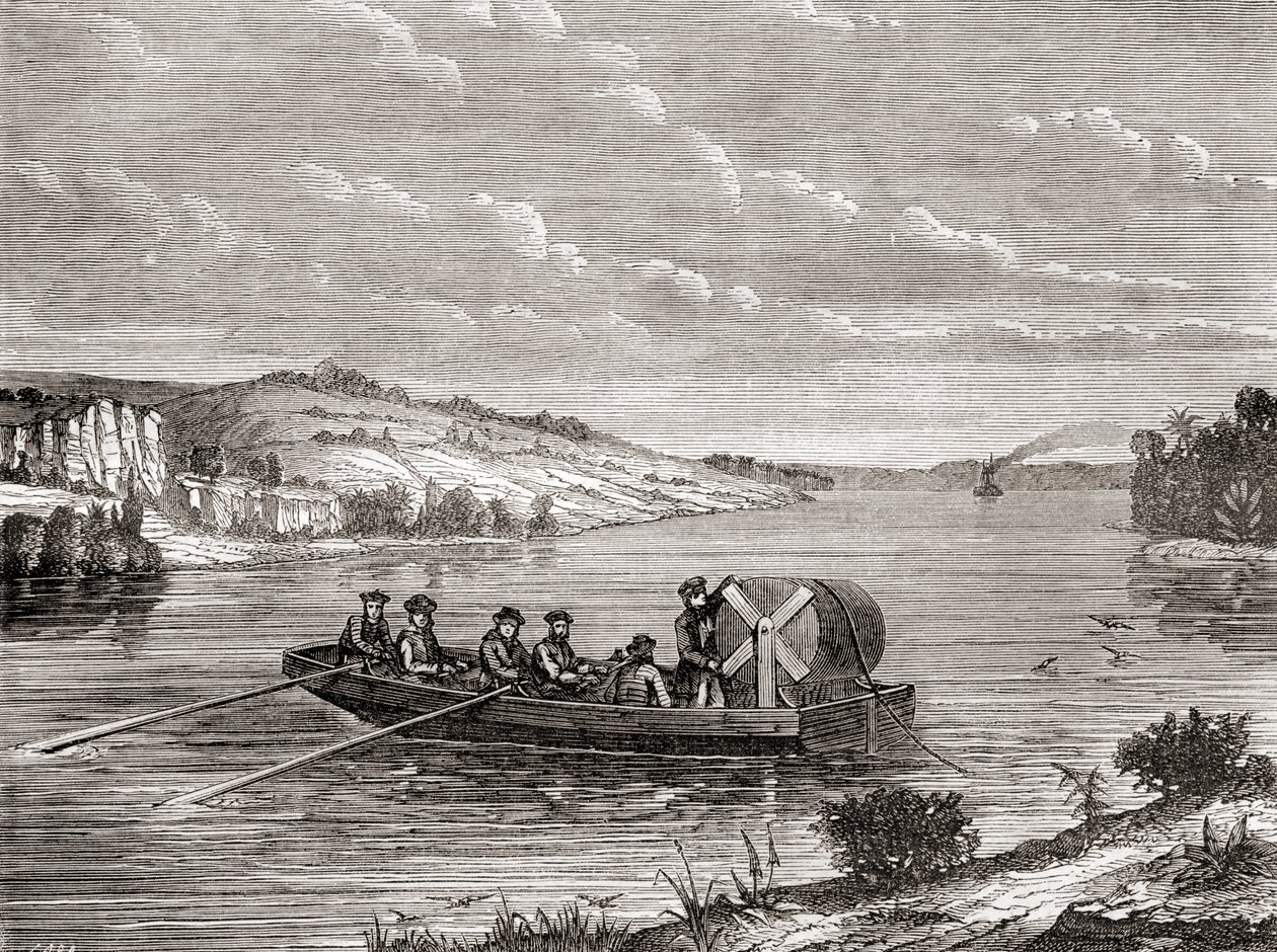 وضع كابل تلغراف تحت نهر أمريكي حوالي عام 1860 ، من Les Merveilles de la Science ، تم نشره حوالي عام 1870 (نقش) بواسطة المدرسة الفرنسية