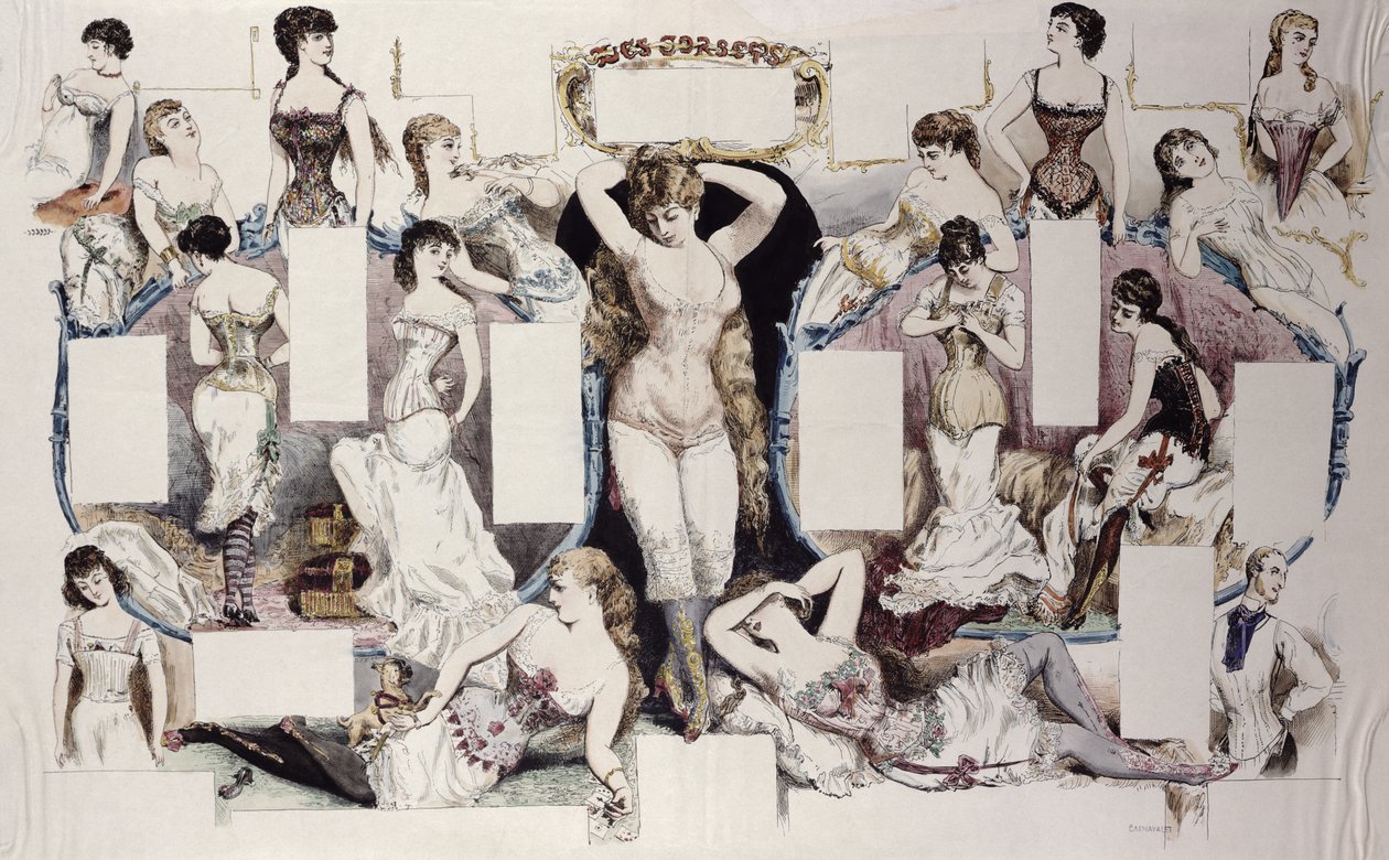 رسومات تخطيطية لمقال عن الملابس الداخلية النسائية ، من La Vie Parisienne ، c.1870 بواسطة المدرسة الفرنسية