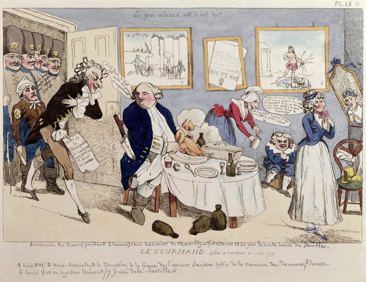لو جورماند ، كاريكاتور لويس السادس عشر (1754-93) والعائلة المالكة الفرنسية في لحظة اعتقالهم في فارين في 21 يونيو 1791 بواسطة المدرسة الفرنسية
